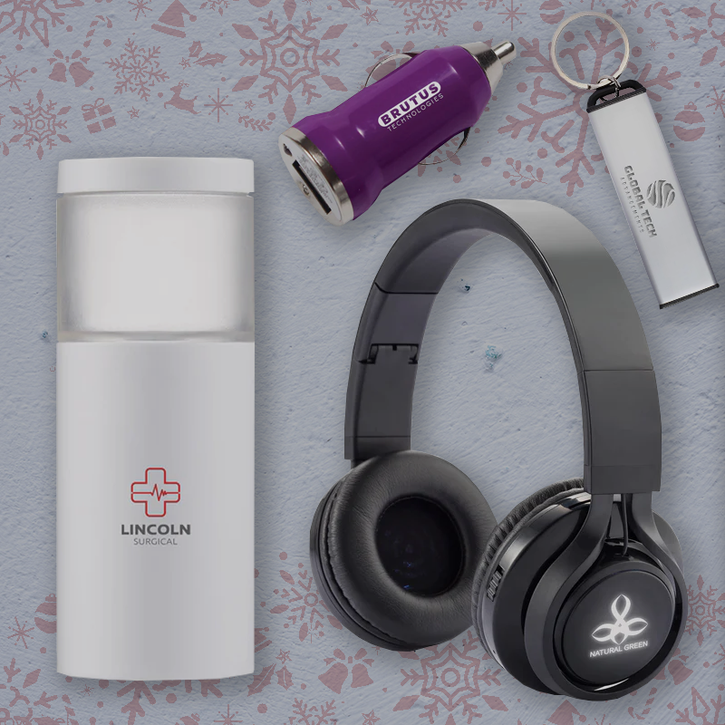 Custom branded tech accessories: wireless headphones, power bank, USB drive, car charger, and bottle. Ideal for promos.