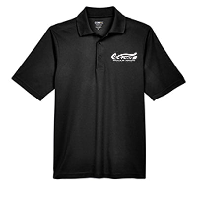 Custom black polo shirt with logo. Ideal for corporate branding, uniforms, or promotional apparel.