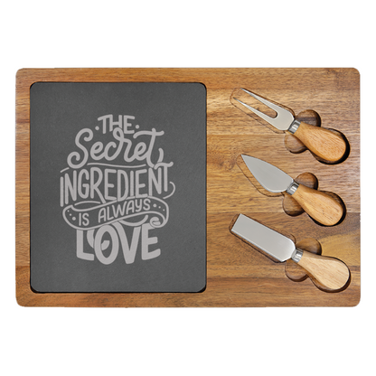 13 3/4" x 9 3/4" Wood/Slate Rectangle Cheese Set with Three Tools - LZR