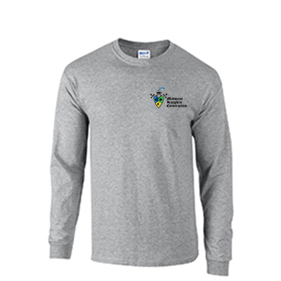 Custom gray long-sleeve T-shirt with embroidered logo. Ideal for corporate and promo wear.