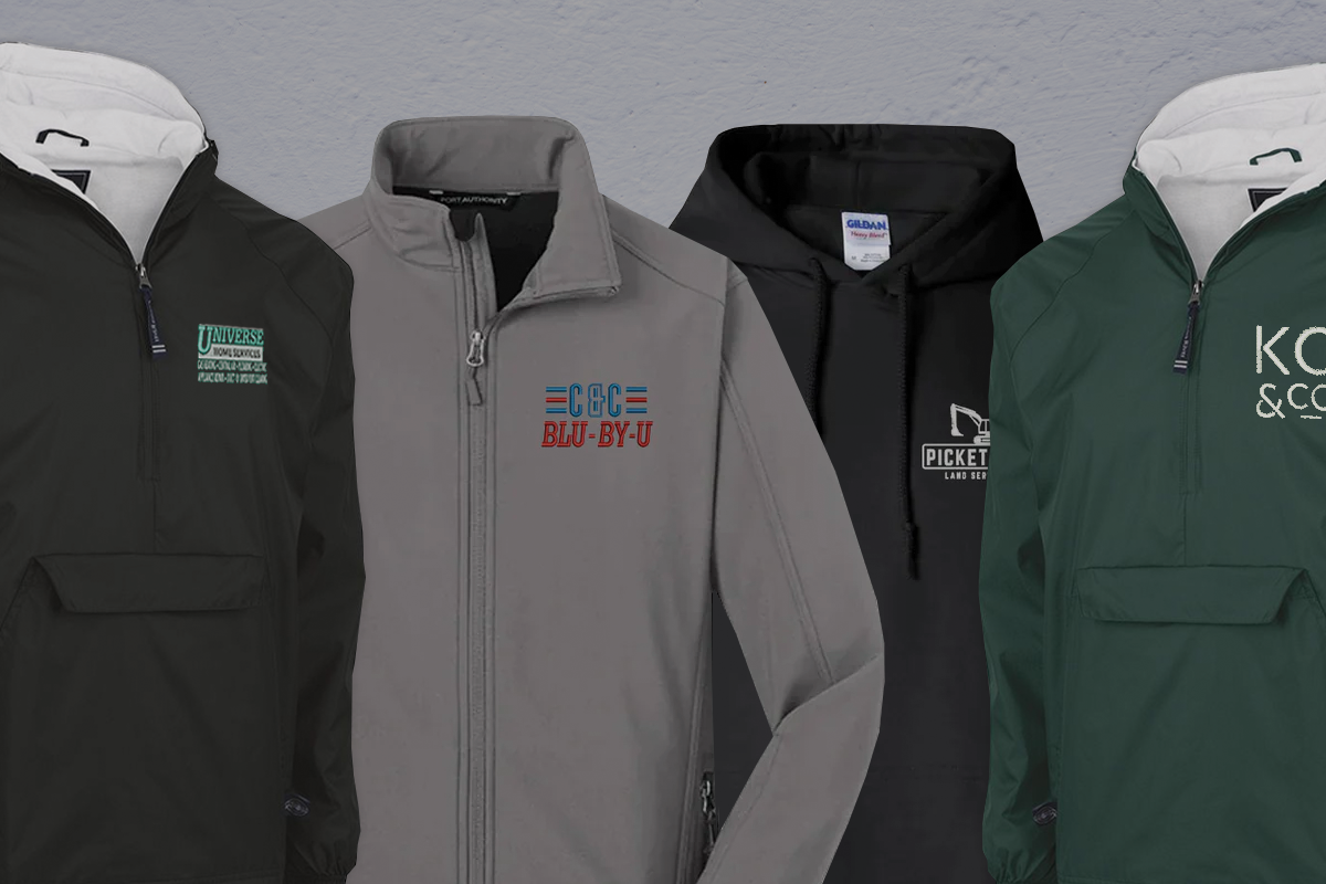 Custom embroidered outerwear. logo branded jackets, hoodies, and pullovers in multiple colors for corporate and work apparel.