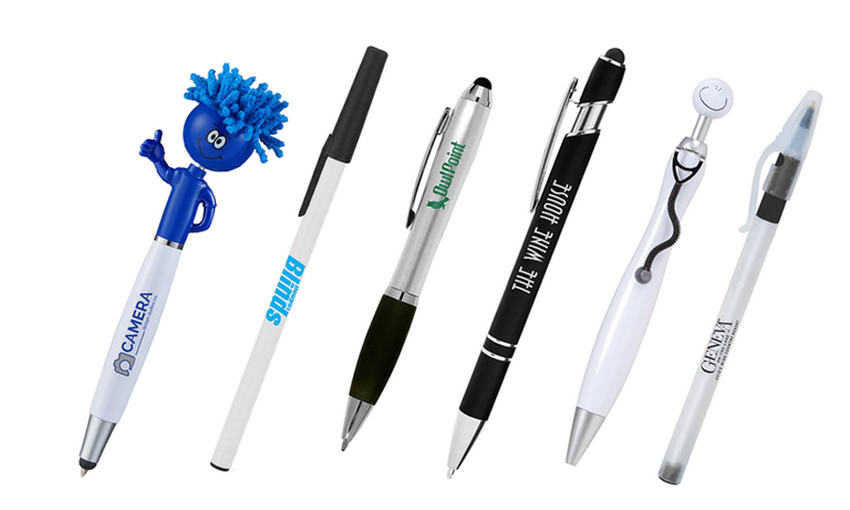Several pens with pad printed designs on the barrel