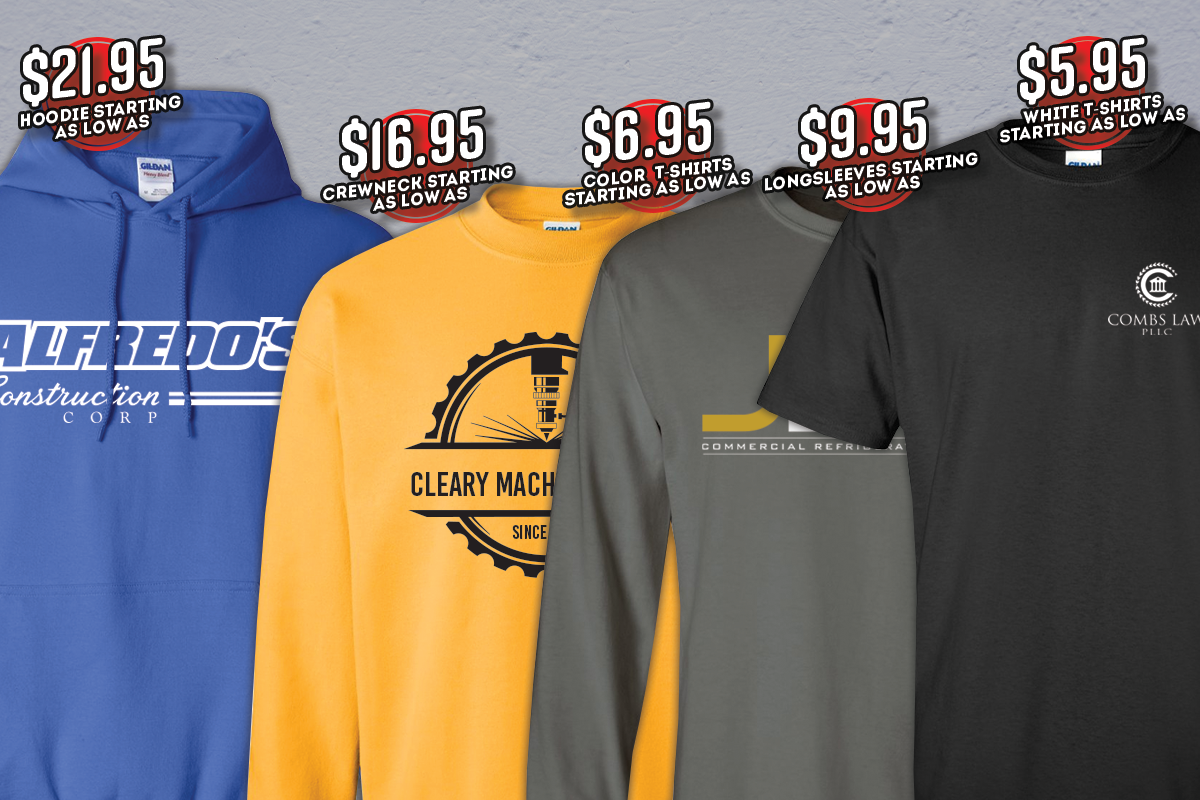 Custom logo apparel – printed hoodies, crewneck sweatshirts, long-sleeve shirts, and t-shirts in various colors at affordable prices.