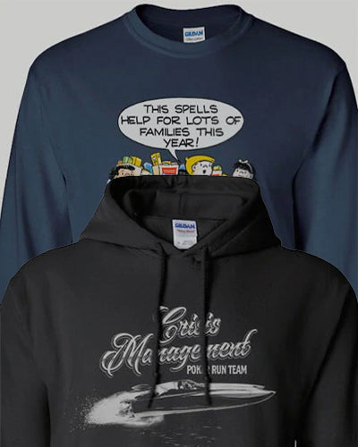 Custom printed logo designs on hoodies, t-shirts and sweatshirts